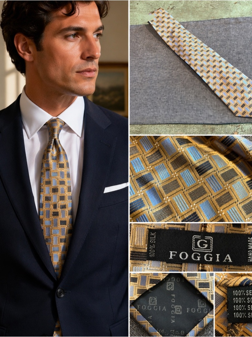 Foggia Men's Tie Black Multicolor Geometric 100% Silk